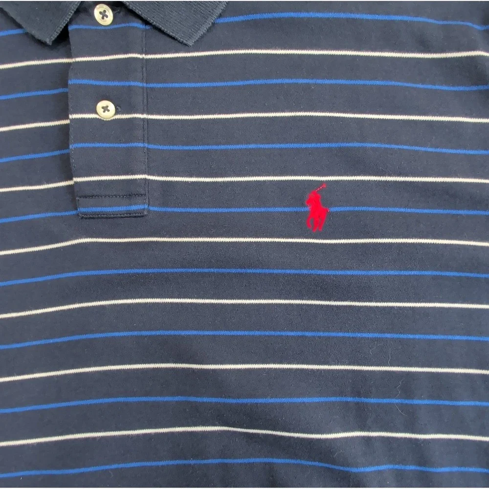Vintage Ralph Lauren Polo Shirt Mens 2XL Navy Blue Striped Cotton Preppy XXL